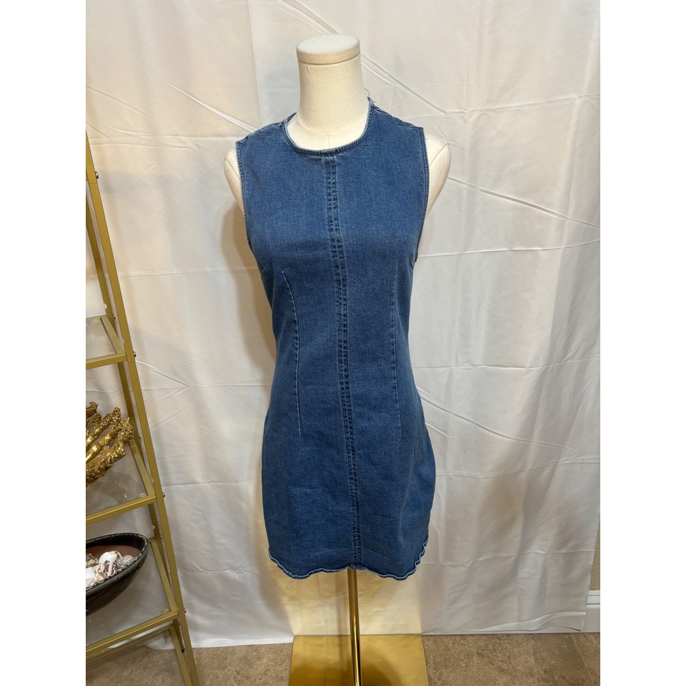 Sleeveless Denim Mini Dress‎ Blue Medium Wash Bodycon Sheath Zip Back Womens